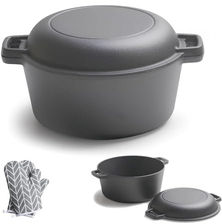 YJKKZQLB Juego de ollas y sartenes de Hierro Fundido 2 en 1 para Horno holandés, 4,5 l, con Asas Dobles, para Interior y Exterior, para freír Pan, cocinar, Hornear, Acampar, Barbacoa
