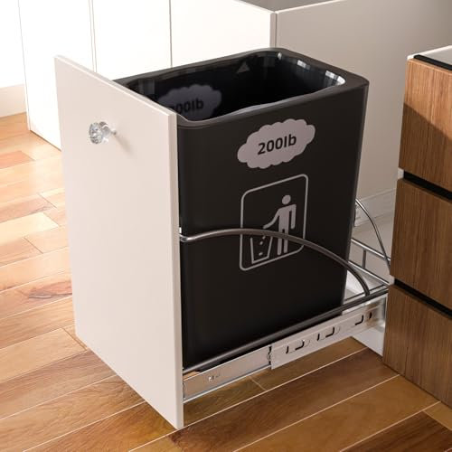 Under Cabinet Trash Can Pull Out, Slide-Out Garbage Can Kit for 7-13 Gallon Can, Under Sink Trash Bin with Door Connector, Glass Handle & Bands -Can Not Included (Grey)