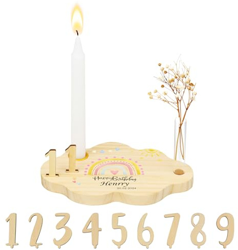 Personalisierter Geburtstagsteller,Geburtstagsteller mit Namen Geburtstagsteller Holz mit Kerzenhalter Kunststoff Reagenzgläser Jahreszahlen 0-9 Geburtstagsgeschenk für Jungen Mädchen (Regenbogen)