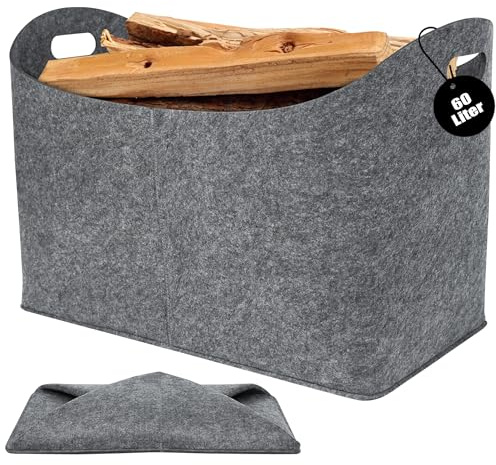 PEILU Groß Filz Holzkörbe, 60 Liter Einkaufstaschen, Faltbare Feuerholzkorb | 2 Stück Kaminholztasche mit Griff, Grau Holztasche bis 60KG, Vliesstoff Aufbewahrungtasche für Brennholz & Einkaufen
