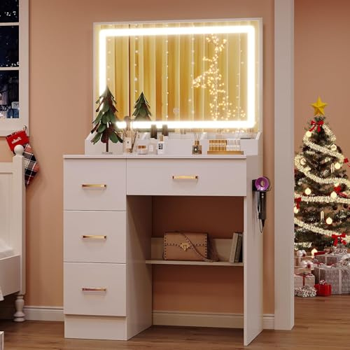 BEHOMHAZQ Dressing Table with Mirror and Stool Wooden White Bedroom Dressing Table with LED Lights, Brightness Adjustable, 3 Open Storage Areas