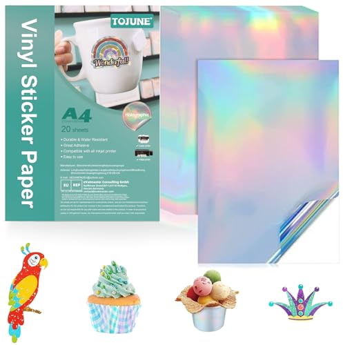 TOJUNE Papel Adhesivo de Vinilo Imprimible A4 (Láser de Color) | para Impresoras Láser y de Inyección de Tinta 21 x 29.7 cm, Resistente al Agua, Corte Arbitrario, Reverso Adhesivo (20 Hojas)