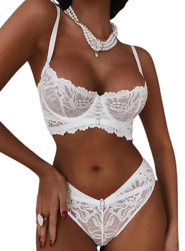 PARUPRUP Femme Sexy 2 Pièces Ensemble Babydoll Lingerie Dentelle Florale Nuisette Push Up Soutien Gorge à Armatures et Transparent Culotte Bretelles Réglables Col en V sous-Vêtements