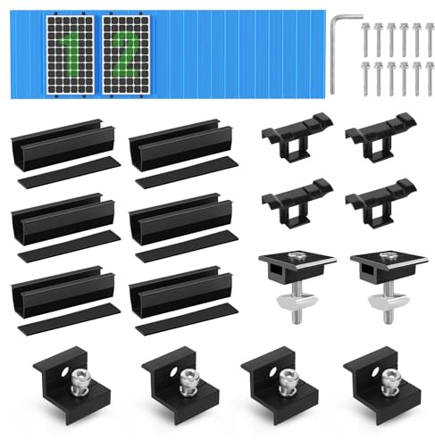 BOSYTRO Kit de Montaje PV, Soporte para Módulos Solares para 2 Módulo, Riel Negro de 12 cm + Clips de Drenaje 30MM + Abrazadera Ajustable para Módulos de 30-35 mm de Grosor, para Tejados Planos