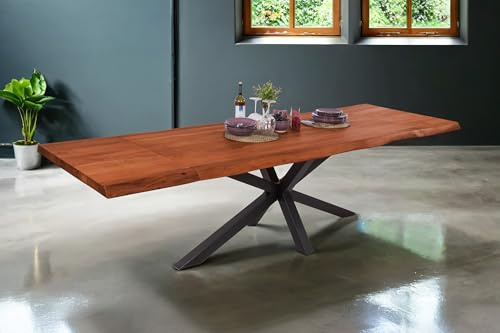 SAM Esstisch Cali 140(220) x90 ausziehbar Akazie nussbaum Spider schwarz | Baumkantentisch massiv, Akazienholz nussbaumfarben, erweiterbar mit Ansteckplatten, echte Baumkante