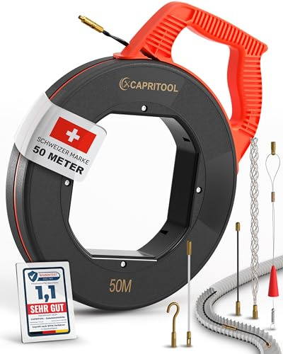 CAPRITOOL Cavo di alimentazione 50 m – Molla di alimentazione flessibile e filo di trazione per tubi vuoti – Guida di estrazione cavi con 5 adattatori – Cavo di alimentazione durevole per lavori