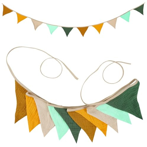 JJZGPP Guirlande de Fanions pour Chambre d'enfant,2,7mètres Guirlande de Fanions en Tissu Double Face,Fanions en Coton pour Chambre d'enfant, Fête d'anniversaire, Chambre de Bébé(Morandi-Green)