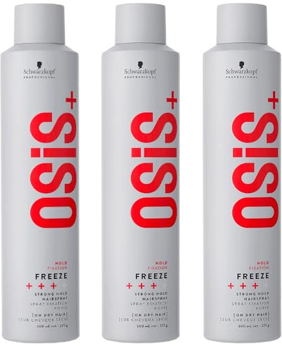 Schwarzkopf Professional OSiS Freeze Lacca per capelli a lunga durata, finitura liscia anti umidità, protezione termica, fissaggio forte, 300 ml, confezione da 3