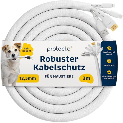 PROTECTO Flexibler Tier – Kabelschutz, Weiss, Beißfest, 3 m lang/Ø 12mm Kabelschlauch - für Katze & Hund, Schutz für Strom- & Ladekabel – Beleuchtung, RCA & HDMI, Universelle Kabelhülle