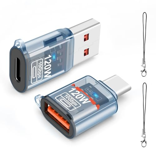 leizhan 120W USB-A a USB-C OTG (2 Pack) para Carga Rápida, Toma de Auriculares y Transferencia de Datos 3 en 1 - Azul Transparente