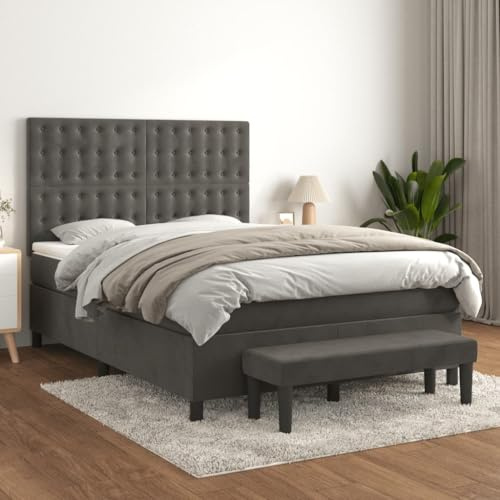 ACAGALA Boxspringbett mit Matratze 140x200 cm, Doppelbett mit Verstellbares Kopfteil, Polsterbett Samt, Bettgestell mit lattenrost, Bettkopf in Knöpfe, Bettbank, Dunkelgrau