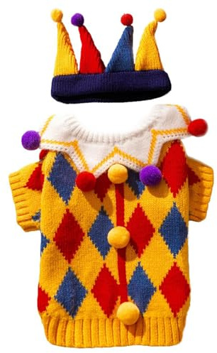 Generisch Costume da clown per cani di piccola taglia, divertente Jocker alla moda, abbigliamento per animali domestici, caldo abbigliamento invernale per cuccioli (giallo, M)