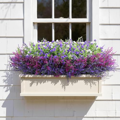 Alupssuc 20 PCS Artificial Flowers, UV Resistant Fake Plants for Garden Decor - Large Faux Shrubs Bushes, Realistic Indoor Outdoor Plants for Hanging Baskets, Porch, Yard & Home Décor (Purple/White)
