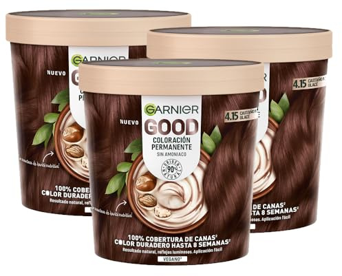 Garnier Pack 3 Good Tinte 4.15 Castaño Marr Glacé - Coloración Permanente Sin Amoniaco Enriquecida con Aceite de Oliva