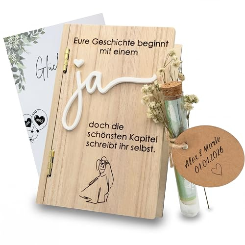B97 Geldgeschenk Hochzeit – Hochzeitsgeschenk Geld als personalisierbare Holzbox im Buch-Design mit Gravur, Glasröhrchen & Acrylelement | Kreatives Geschenk zur Hochzeit für Brautpaar