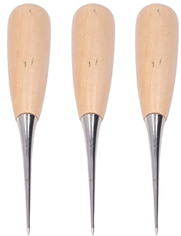 Oumefar Leather Awl High Hardness Hole Maker Tools for Paper, Leather Awl Punch Hole Leathers Tools for Wood, 3Pcs Pine Wood Steel Awls for Cloth