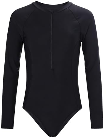 ADUDVLO Girls Swimming Costume Long Sleeve Swimsuit One Piece Zip Front Rash Guard Kids Swimwear Sun Protection Bathing Suit 5-16 Years