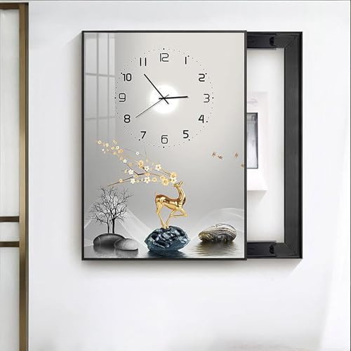 Vertical Cache-Boîtier Disjoncteur Décoratif avec Horloge, Cache-Tableau Électrique Cadre en Alliage d'Aluminium Fixé au Mur(70x90 cm/27.6x35.4 in)