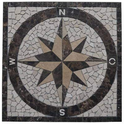 Carreaux de mosaïque en pierre naturelle marbre rosace, 90 x 90 cm, rose du vent, insert boussole, carrelage 048