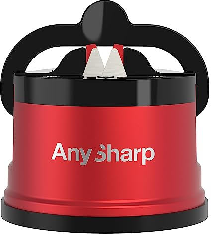 AnySharp Pro Metall Messerschärfer, Freihändige Sicherheit, PowerGrip Saugnapf, Schärft alle Küchenmesser, Ideal für gehärteten Stahl & Wellenschliff, Weltbeste Qualität, Rot-Metall