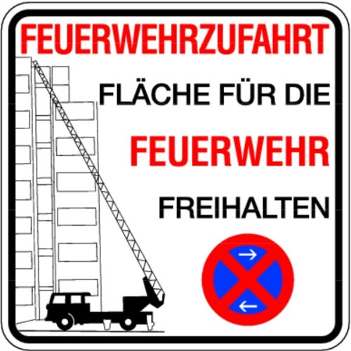 LEMAX® Hinweisschild Feuerwehrzufahrt, Feuerwehrzufahrt Fläche freihalten Alu 2 mm weiß/schwarz/Randfarbe: rot 500x500mm