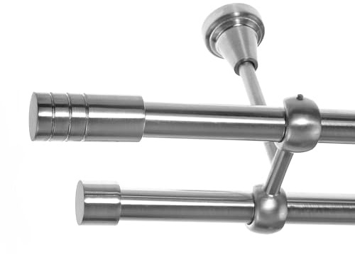 BASIT Gardinenstange Edelstahllook 19mm 2-läufig Decke 400cm lang D28 | Gardinenstangenset doppelläufig Deckenmontage Metall Vorhangstange Deckenhalterung 120-600cm wählbar Kappe Zylinder E60