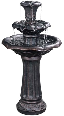 Teamson Home Outdoor Lily Flower Stone 3-Tier Waterfall Fountain, Resin, Dark Gray, 38 Height