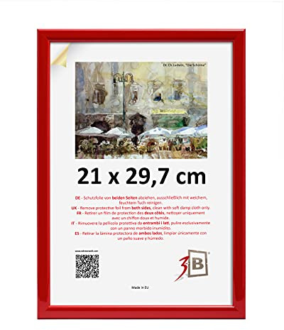 3-B Bilderrahmen ULM 21x29,7 cm (A4) - rot - Holzrahmen, Fotorahmen, Portraitrahmen mit Acrylglas
