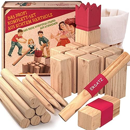 Wikingerspiel aus 100% Massivholz mit Baumwolltasche und Ersatzhölzern - Der Outdoor-Wurfspiel Trend aus Skandinavien - Schwedenschach Gartenspiel für die gesamte Familie! (Wikingerspiel Rubber)