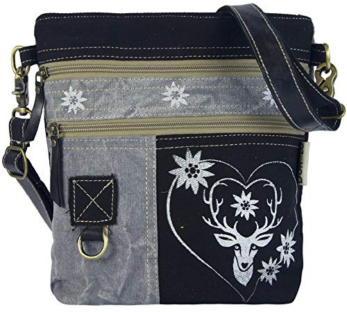 Domelo Trachtentasche. Grau Schwarz Oktoberfest Umhängetasche. Crossbody | Schultertasche mit Hirsch Aufdruck, Mittelgroß Canvas Crossover Bag , Wiesn Accessoire Geschenk für Trachtenmode Liebhaber
