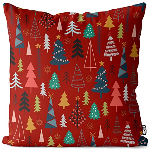 VOID Christbaum Wald rot Kissenbezug Kissenhülle Sofakissen Kissen Deko Weihnachten Winter Weihnachtsdeko, Kissen Größe:50 x 50 cm