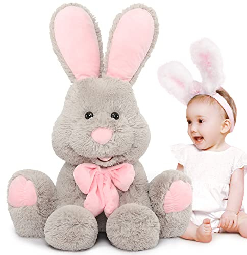 MorisMos Giant Bunny Stuffed Animal, 31.5'' Large Grey Rabbit Plush Toy with Pink Ears, Soft Toy for Girls/Boys, Ideal Gift for Easter, Halloween, Christmas, Cuddling, Snuggling
