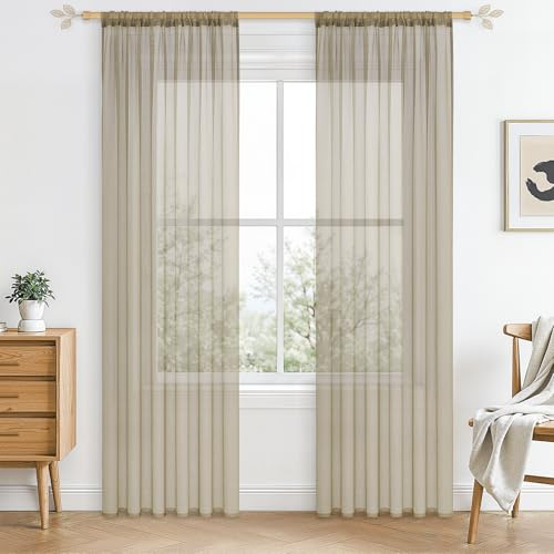 CUTEWIND Gardinen mit Stangendurchzug Vorhänge aus Voile Gardine für Wohnzimmer Modern Halbtransparent Garidnenschal 2 Stüke 140x245cm(BxH) Beige