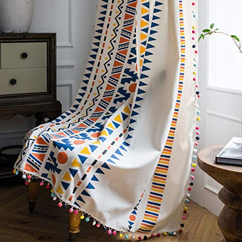 GYROHOME Tende semi-trasparenti in stile boho chic e fresco con motivo geometrico colorato e piccole sfere, 1 pannello con coulisse, per cucina, camera, bagno e finestra