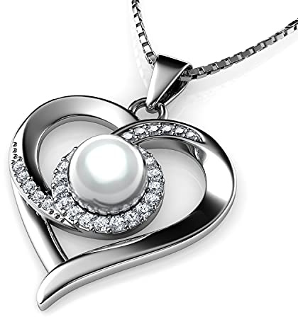DEPHINI Doppel Herz Anhänger Halskette | Zirkonia | 925 Sterling Silber Herz Halskette | Frauen Schmuck Damen Herzkette | Geschenke für Frauen | Rhodiumplattiert