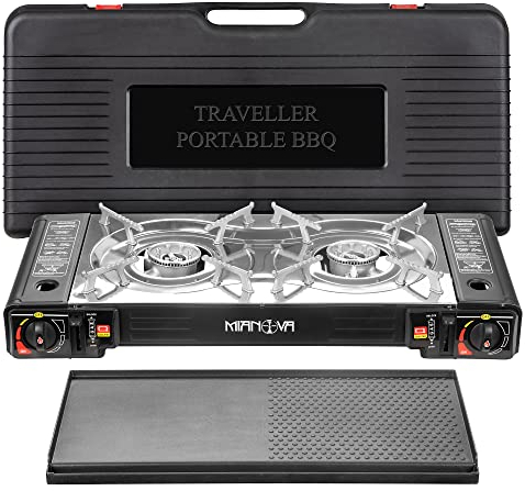 Mianova Campingkocher Outdoor Doppel Gaskocher BBQ Notfallkocher Grill Gaskartuschen Gas Camping Kocher Herd 2 flammig Set Grillplatte Koffer