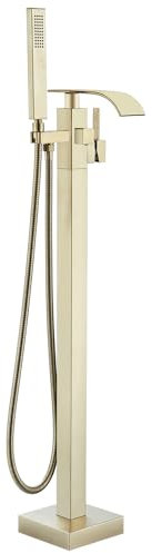 Senlesen Bathroom Tub Filler Faucet Floor Mounted Bathtub Shower Faucet Waterfall Spout Free Standing Tub Mixer Tap with Handheld Sprayer Brushed Gold
