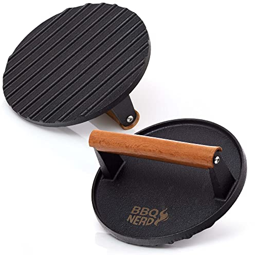 BBQ Nerd© Pressa per Carne in ghisa con Manico in Legno 18 cm Rotondo Pesa Carne, Hamburger per Barbecue, Carne, Hamburger, Bacon, Formaggio, panini, ECC.