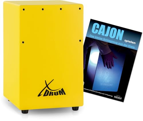 XDrum KC-37G Kinder-Cajon Set - Kleine Cajon Für Kinder - 36 cm Hoch - Snare-Effekt Durch Stimmbare Gitarrensaiten - Spar-Set Mit Schule Für Einsteiger - Gelb