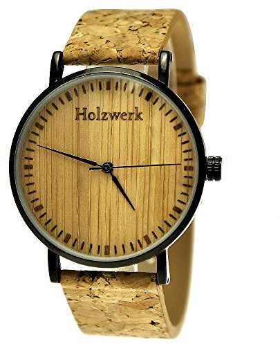 Holzwerk Germany Handgefertigte Flache Designer Unisex Herren-Uhr Damen-Uhr Öko Natur Vegan Holz-Uhr Armband-Uhr Analog Klassisch Quarz-Uhr Kork Armband Holz Ziffernblatt Schwarz (Braun-Kork.)
