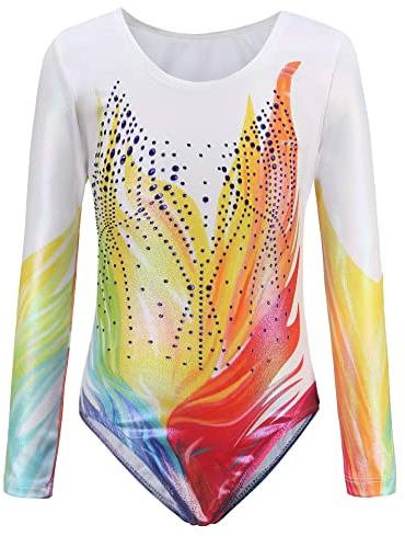 AUBIG Mädchen Turnanzug Lange Ärmel Kinder Gymnastikanzug Leotards Glanz Ballettanzug Tanz Abnutzungs Bodysuit A2 9-10 Jahre
