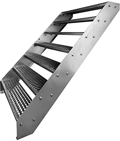 Premium Caillebotis acier Escalier à limon 7 Marches Entièrement galvanisé - Dimensions (L x l x H) 139cm x 100cm x 133cm Résistant aux intempéries et protégé contre la corrosion