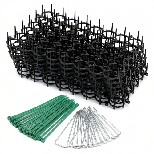 QWORK® 12 Stück Katzenabwehr Matte mit Heringen und Bändern - 15cm x 20cm - Tier-Barriere Dornengitter zur Friedlichen Abwehr von Katzen und Weiteren Tieren