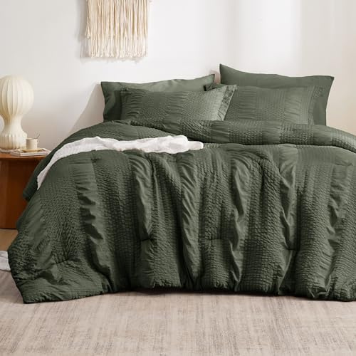 Bedsure Queen Comforter Set - 7 Pieces Striped Seersucker Jacquard Comforter Bedding Set, Bed in a Bag with Comforter, Flat Sheet, Fitted Sheet, Pillowcases & Shams, Olive Green