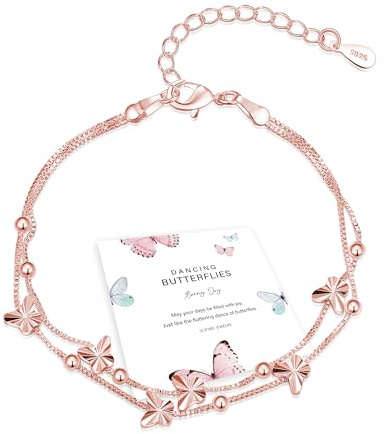 XOEMEL Pulsera de plata 925 para mujer, mariposas, pulsera de oro rosa para mujer con perlas, pulsera ajustable en capas, pulseras de la amistad, regalos para mujeres, 17,7 pulgadas, 20.0 centímetros