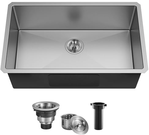 Ufaucet 28 Inch Undermount Kitchen Sink, 28 x 18 Brushed Nickel Stainless Steel 16 Gauge 9 Inch Deep Single Bowl Basin Commercial Outdoor Kitchen Sink with Strainer