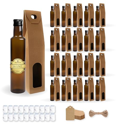 Espirito Rebelde - 20 botellas de vidrio oscuro 250 ml con tapón de rosca negro + 20 cajas + 20 sellos + 20 etiquetas Kraft + cuerda - aceite de oliva, vinagre, alcohol, salsas - aceitera