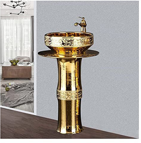 Vanity Unit with Basin,Bathroom Basin Sink with Full Pedestal, Gold Pedestal Sink - 16 Inch Ceramic Material Modern Bathroom Basin Sink, Pedestal Bathroom Sink for Indoor and Outdo