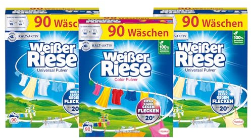 WEISSER RIESE Pulver-Set 3x 90 Waschladungen (270WL) 1x Color & 2x Universal, Color- & Vollwaschmittel wirkt riesig stark gegen Flecken, Kalt-Aktiv schon ab 20° C, ergiebiges Waschpulver