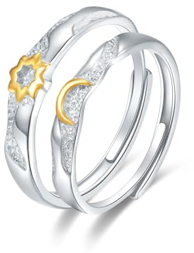 SILBERTALE Sterling Silber 925 Verstellbar Sonne und Mond Ring Set Sunflower Matching Rings Geschenk Freundschaftsringe für Beste Freund Größe 54-60mm